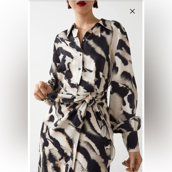& Other Stories Black Cream Printed Shirt Long Sleeve Tie Midi Dress Size 6 - Picture 3 of 10